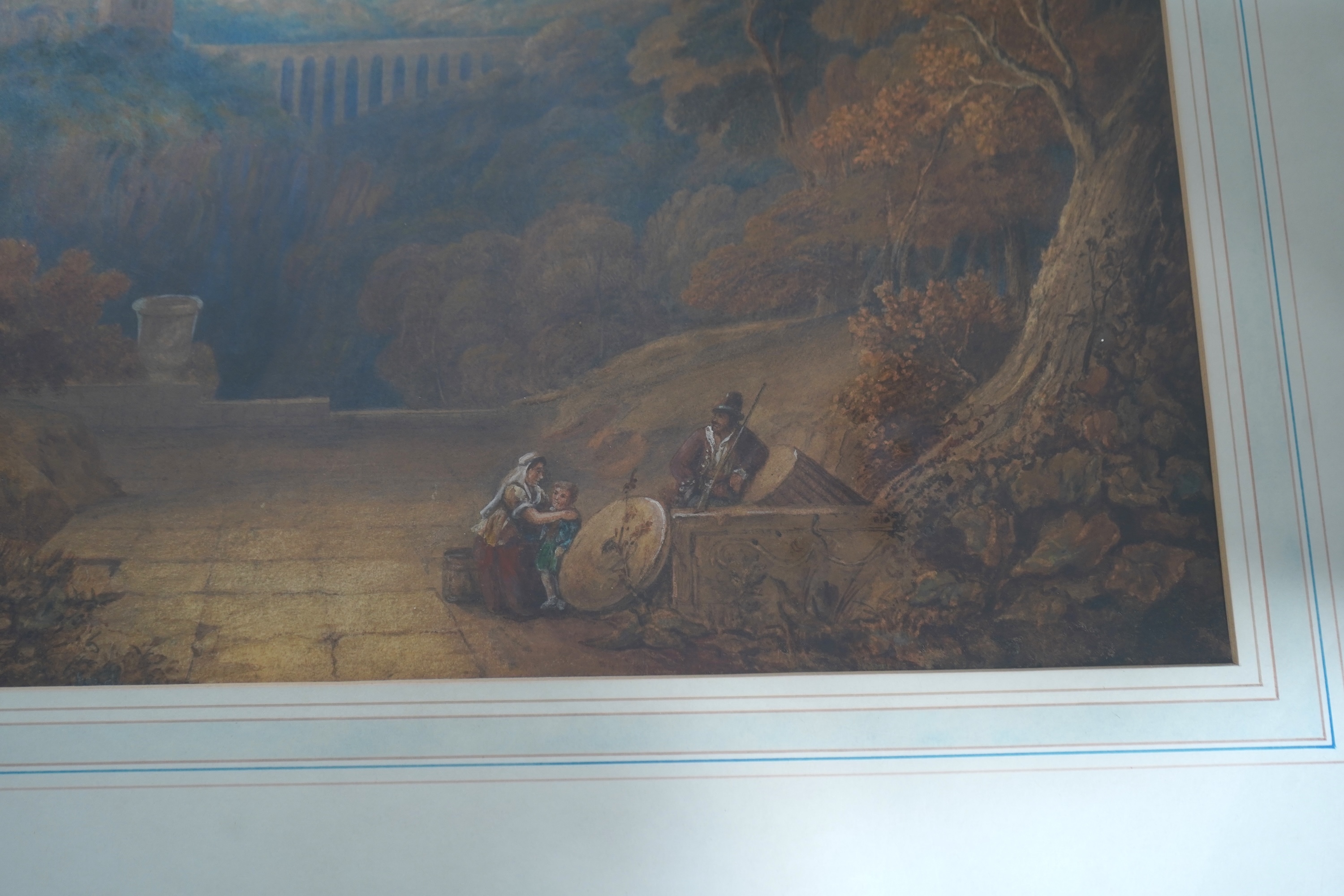 After Claude (1604/5?-1682), Classical landscape with building and a family of three on a footpath, watercolour, 43 x 58cm